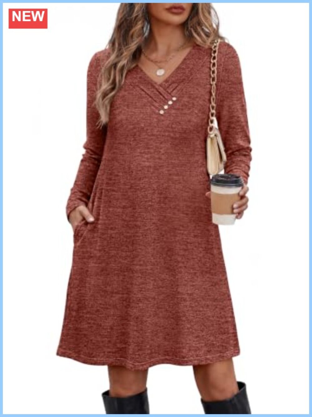 Long Sleeve Tunic Dress Button V Neck Casual Fit Women